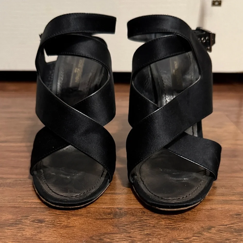 Louis Vuitton Black Satin Cross Strap Open Toe Wedges Minimalist Quiet Luxury